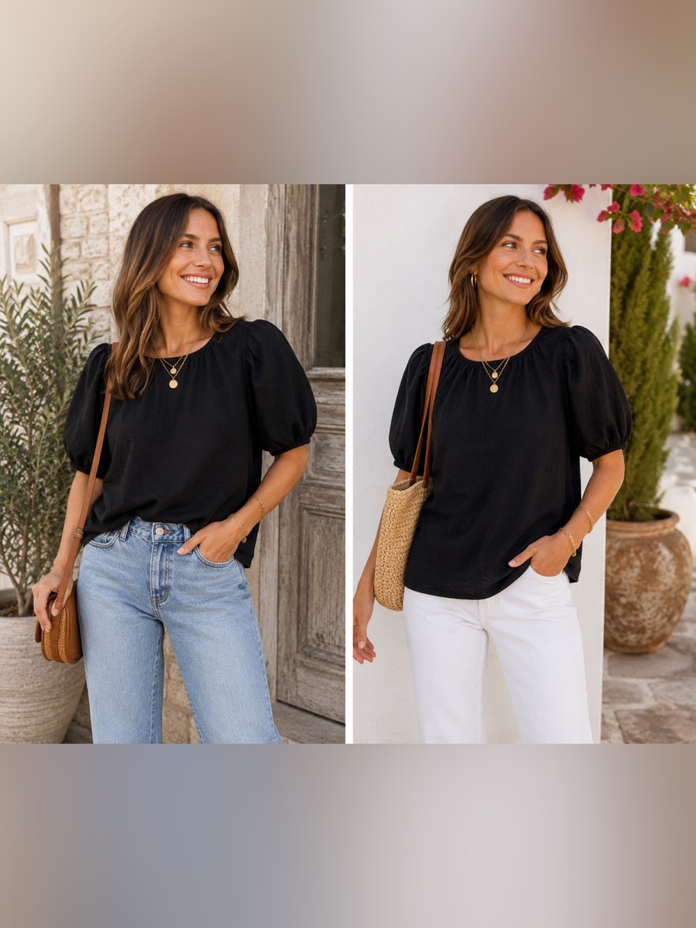 Old Navy Black Puff Sleeve Top Medium 100% Cotton Keyhole Back